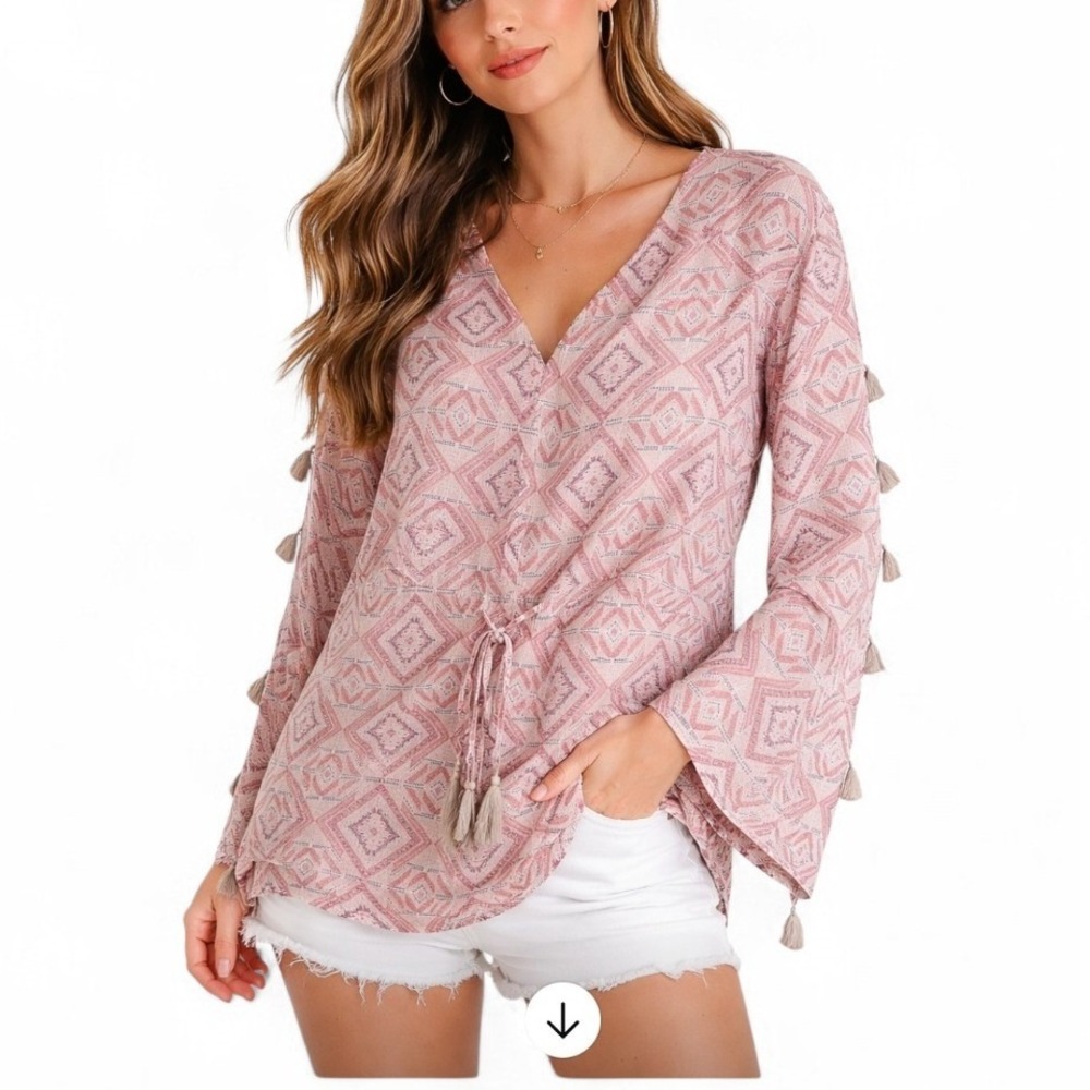 Shop Neighbor Pink Geometric Tassel Trim Boho Tunic Top Drawstring Waist Medium